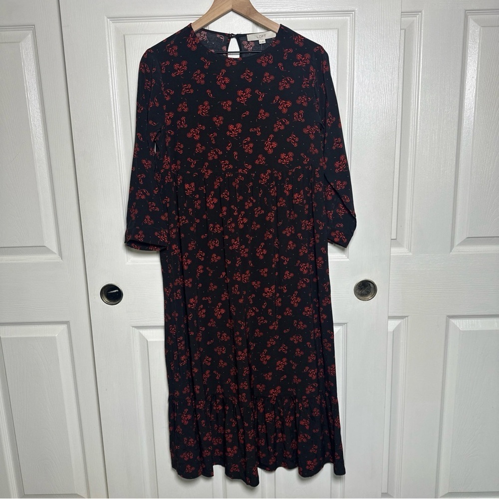Loft Black Red Floral Tiered Maxi Dress XS Prairie Cottagecore Bohemian Boho